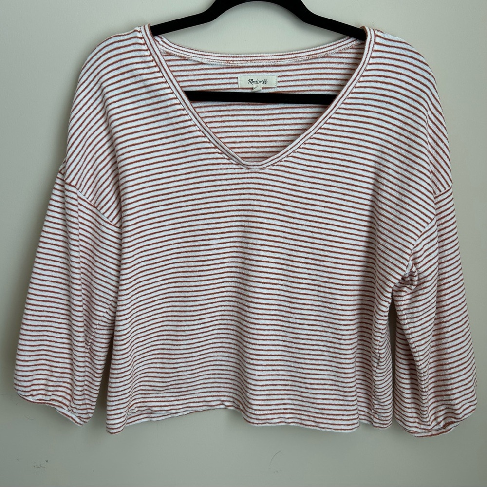 Madewell Cream Rust Striped V Neck Knit 3/4 Sleeve Top T Shirt Sweatshirt Sz M